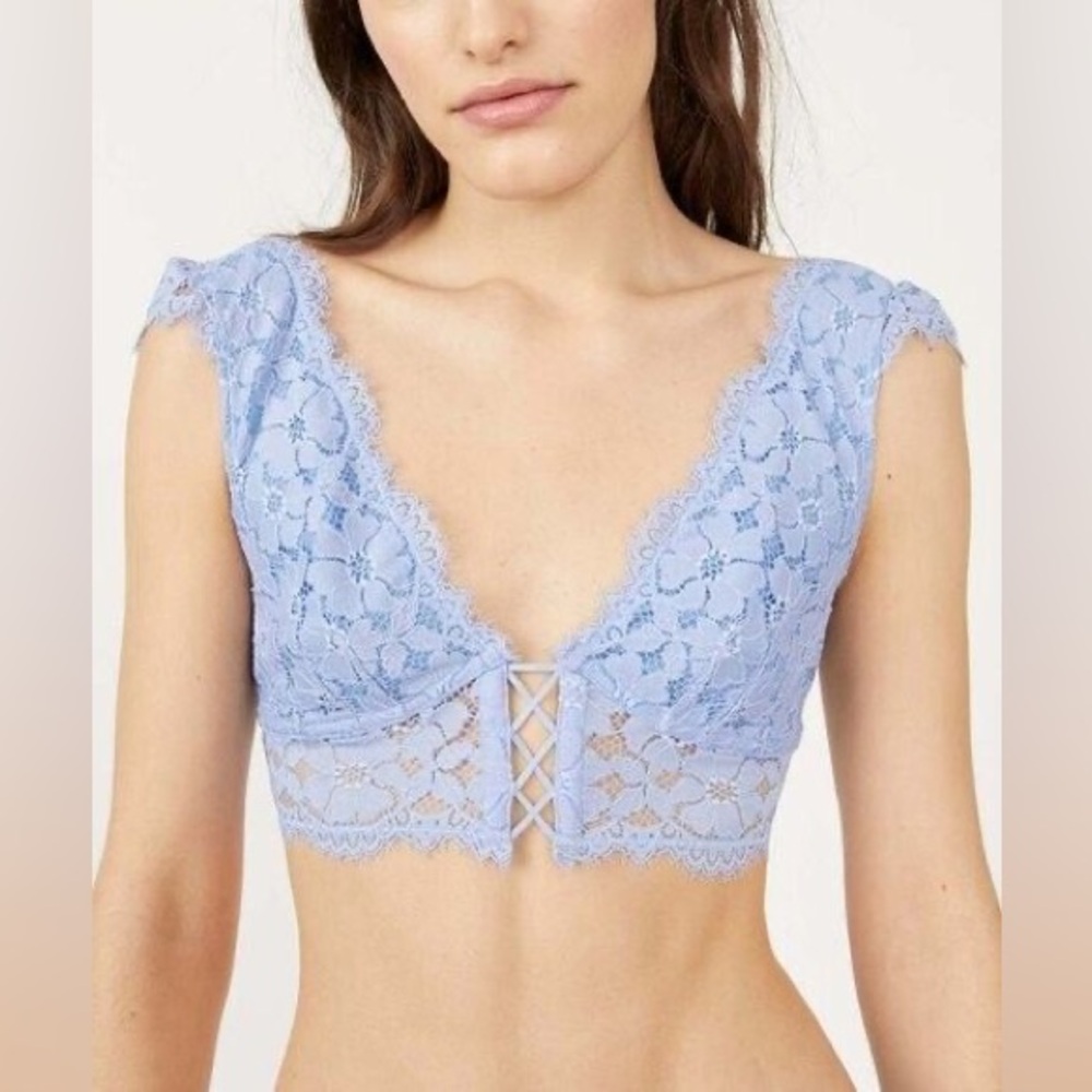 NWT Free People Longline Bralette Lace Low Back Lace Up Blue Sz XS